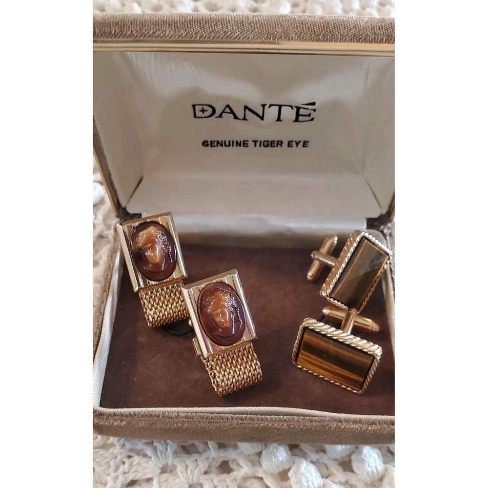 Vintage Dante Genuine Tiger Eye Mens‎ Cufflinks Set Mesh Wrap Gold Tone Boxed